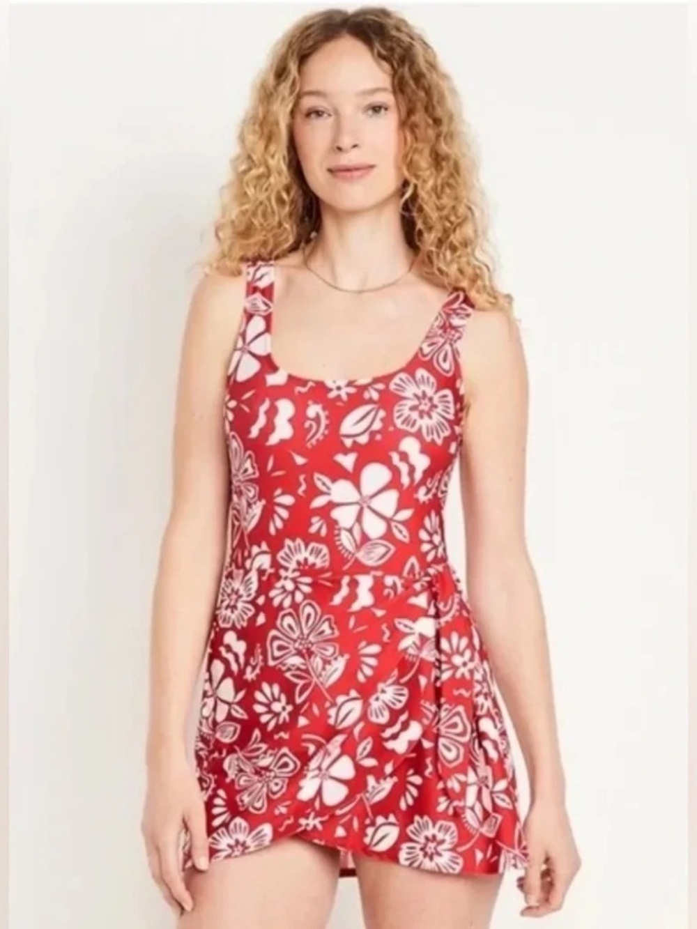 Old Navy Matte Side Tie Floral Swim Dress  // Red